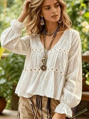 Boho Blouse White Long Sleeve Embroidered Tassel Fringe Top